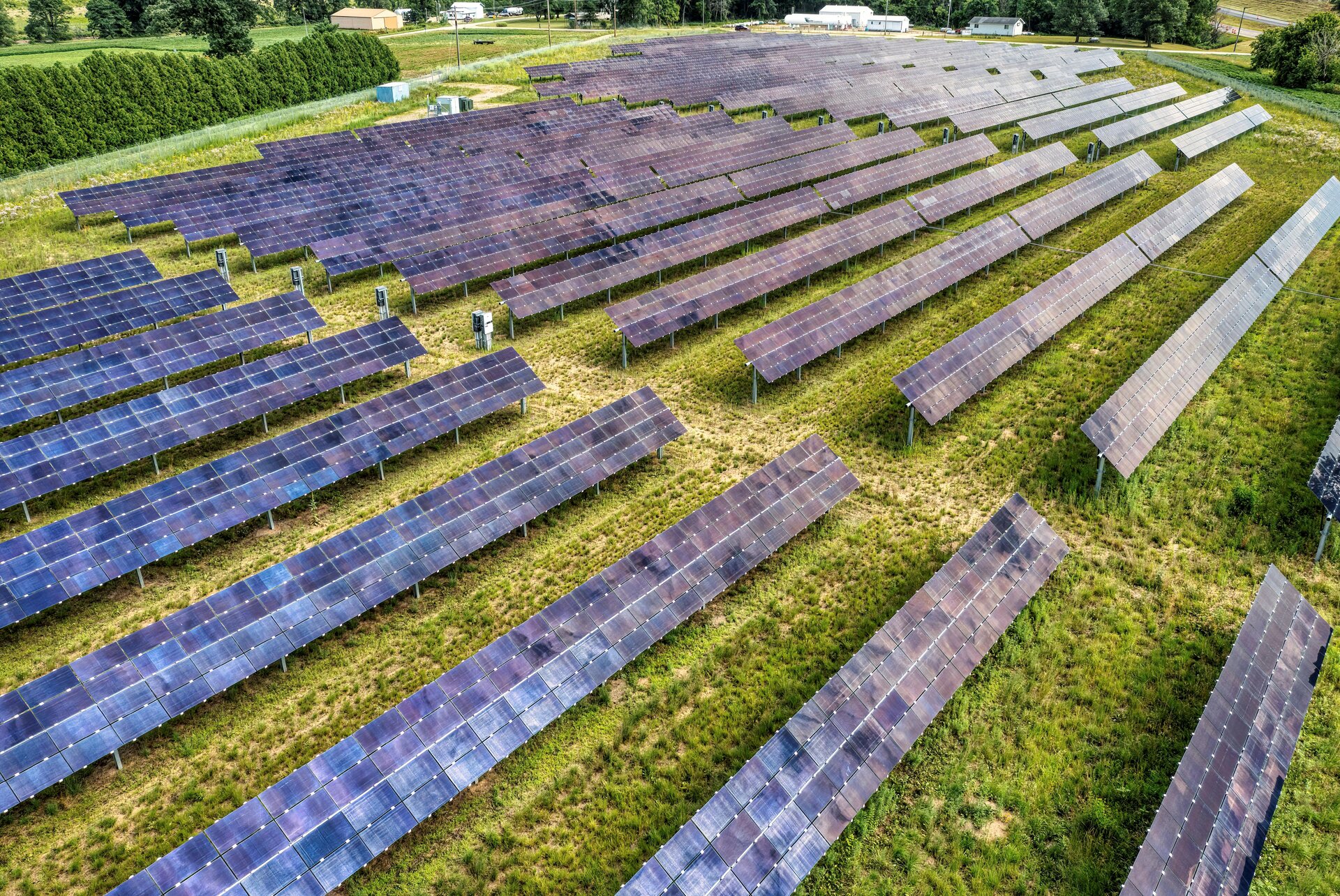 Solar farm panels with grass between rows