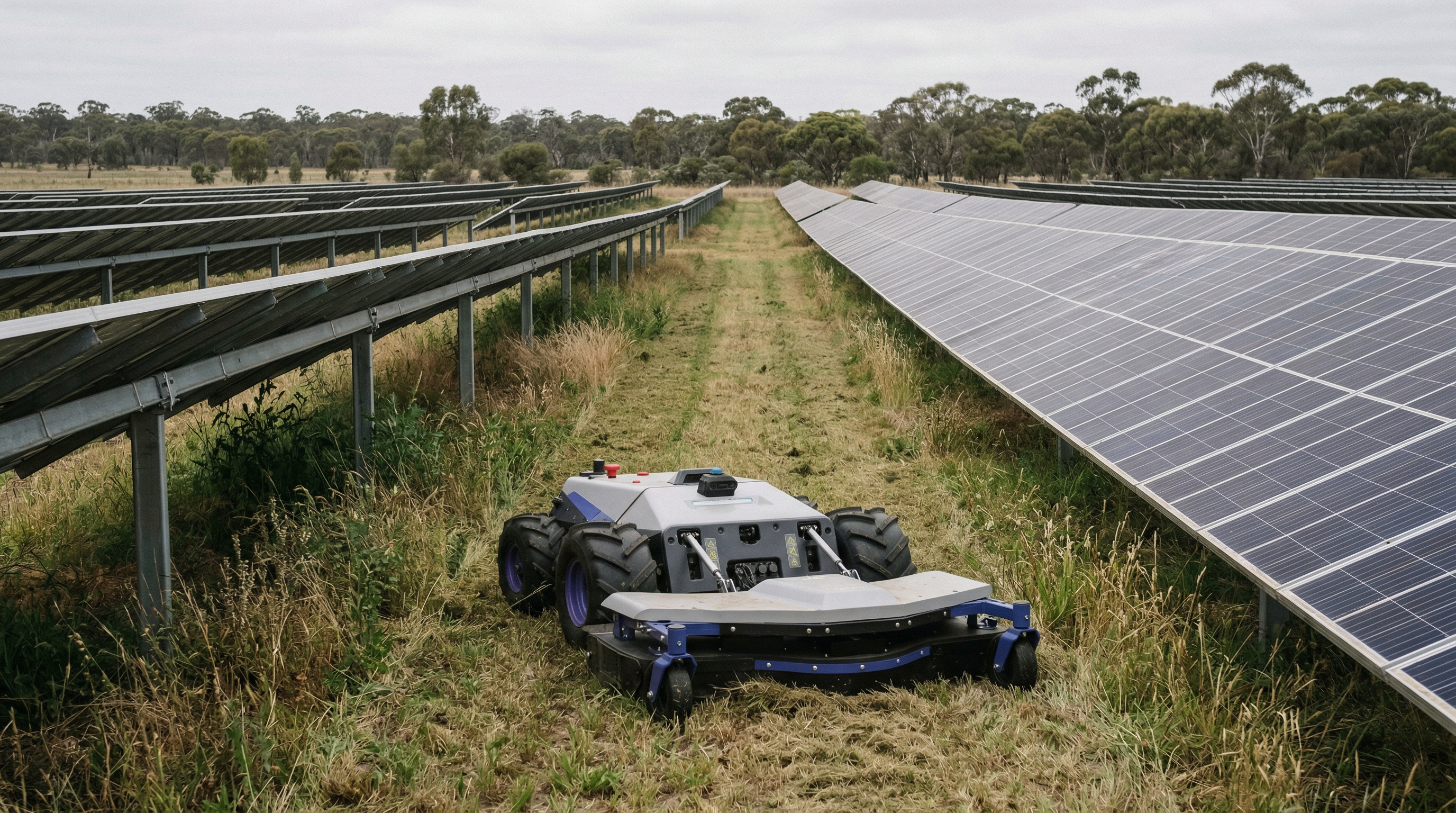 PANDAG G1 cutting vegetation between solar panel rows
