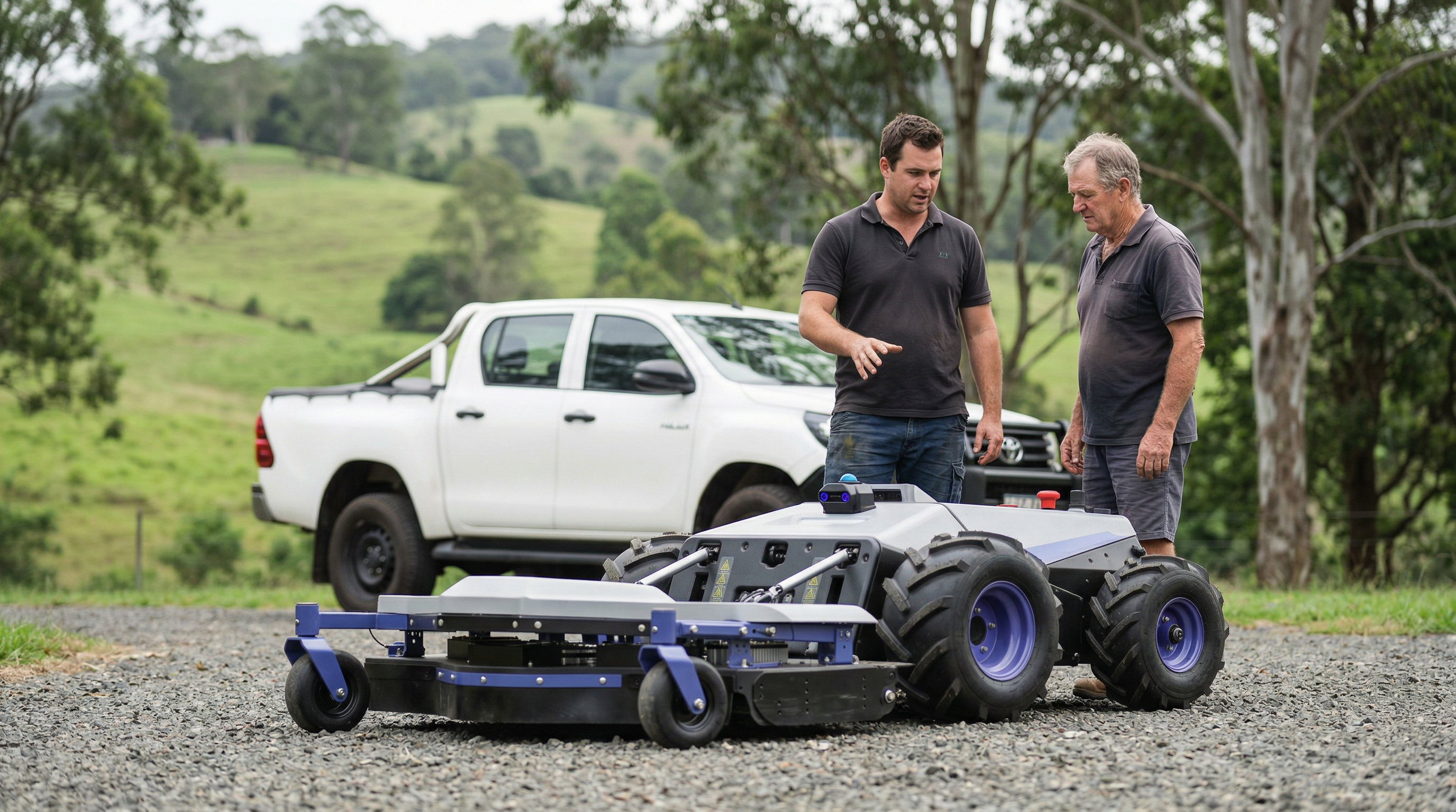 AutoAcre demo day with branded ute and PANDAG G1 autonomous mower demonstration