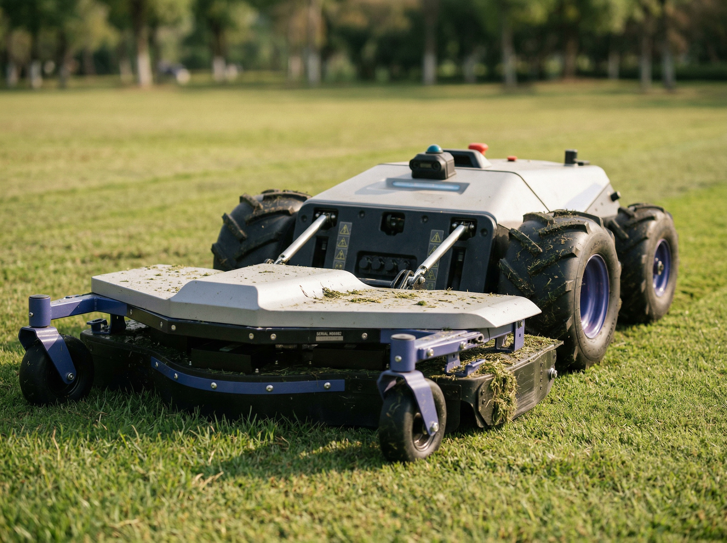 Close-up of the PANDAG G1 autonomous mower showing 48-inch mowing deck, ATV wheels, and grass clippings