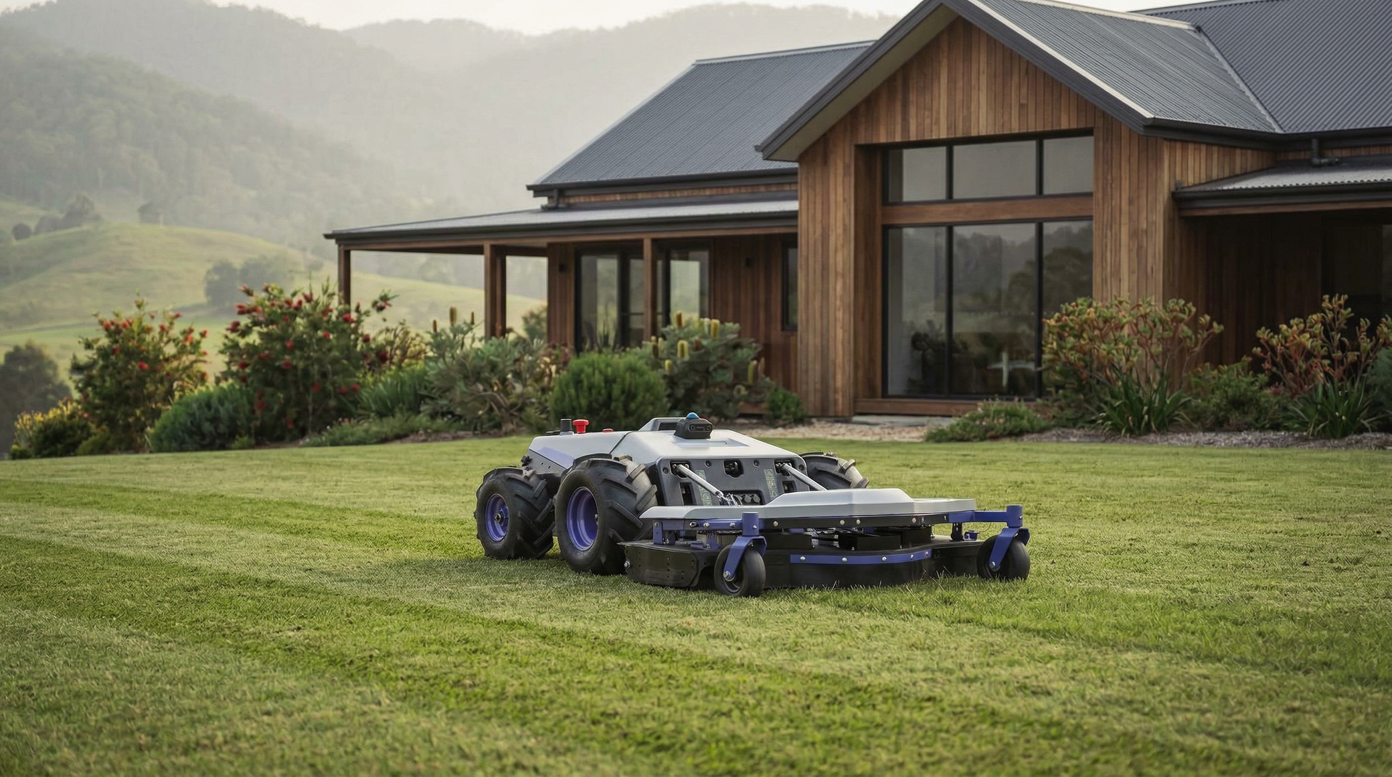 PANDAG G1 autonomous mower cutting stripes on a prestige hinterland property with modern timber farmhouse