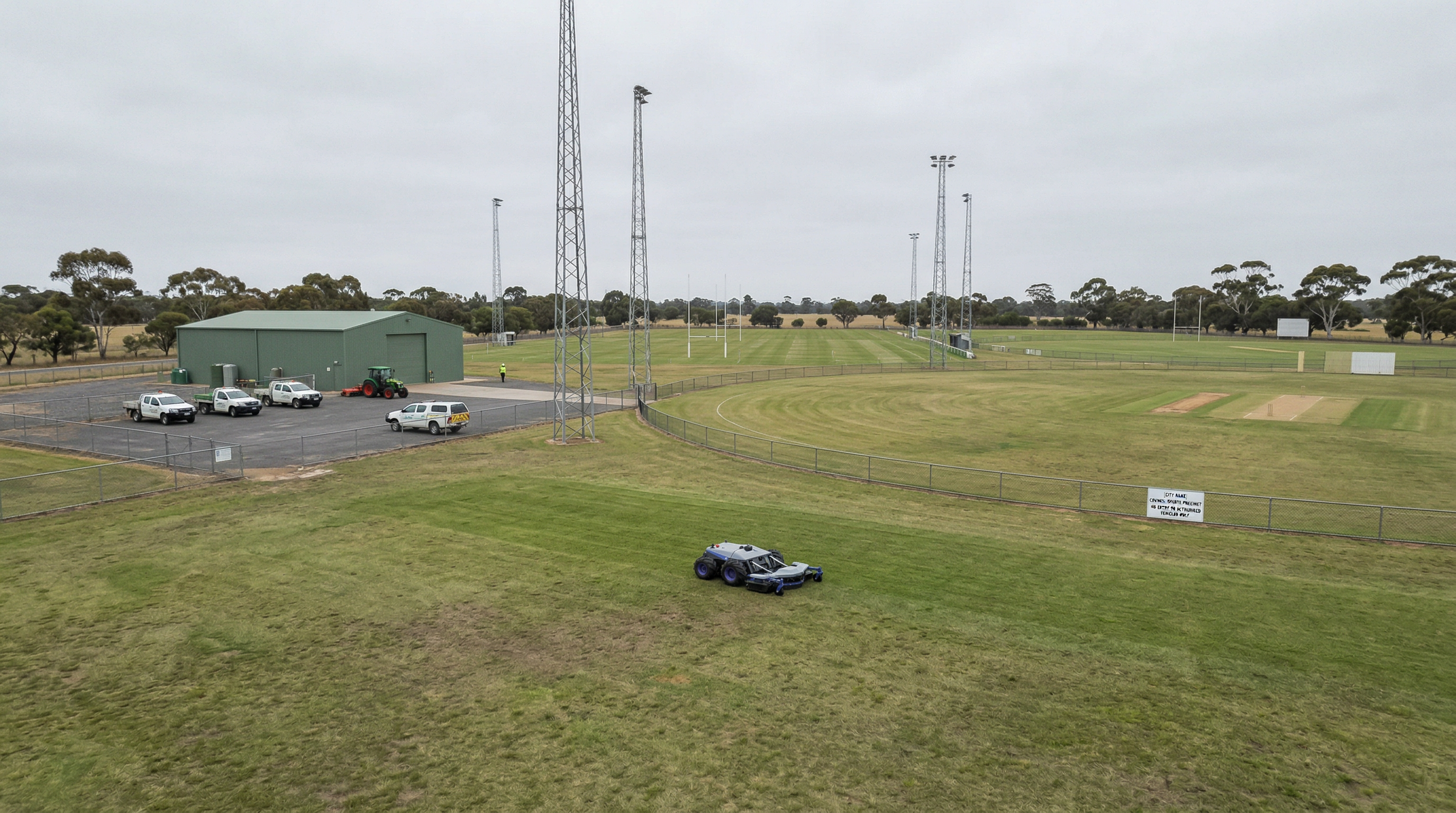 PANDAG G1 autonomous mower working on a large open acreage paddock with timber barn-style farmhouse in background