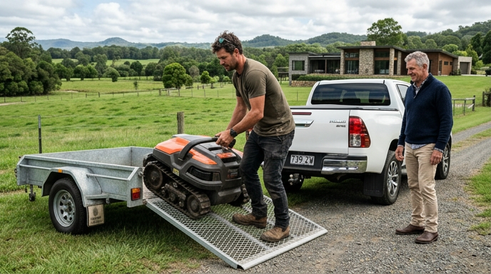 AutoAcre demo day with branded ute and commercial-grade autonomous mower demonstration