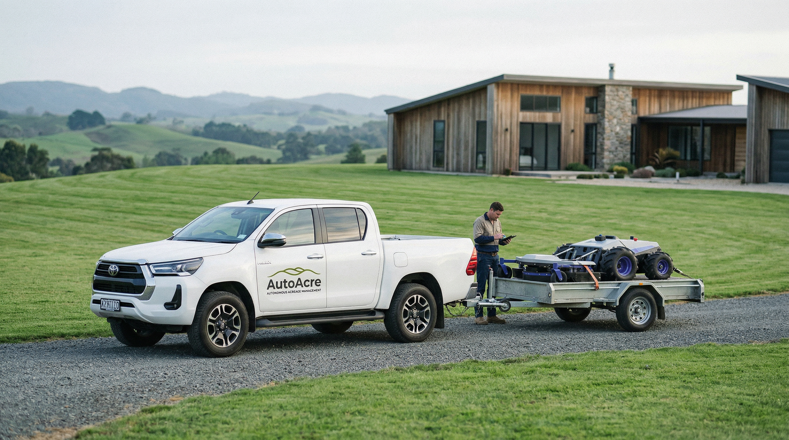 White Toyota Hilux towing PANDAG G1 autonomous mower on trailer at a prestige hinterland property