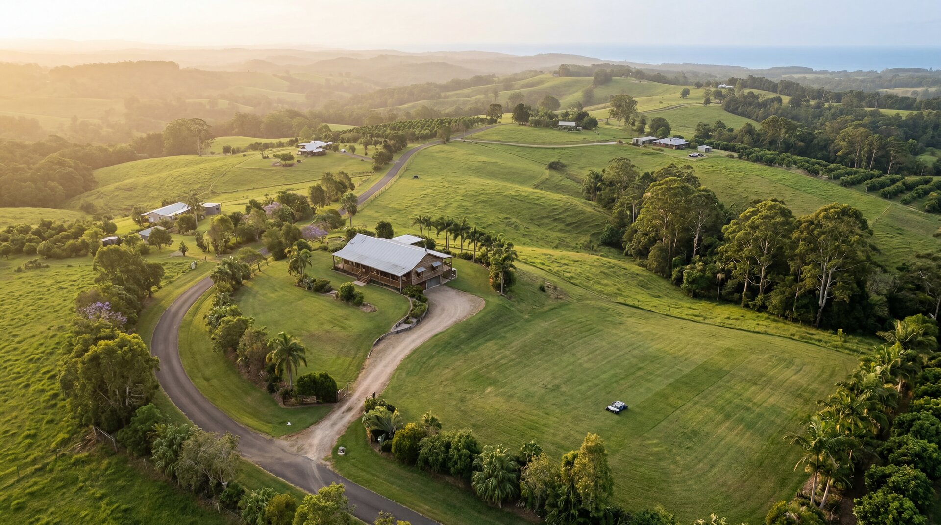 Aerial perspective across the Byron Bay hinterland — the lifestyle-acreage region these guides cover