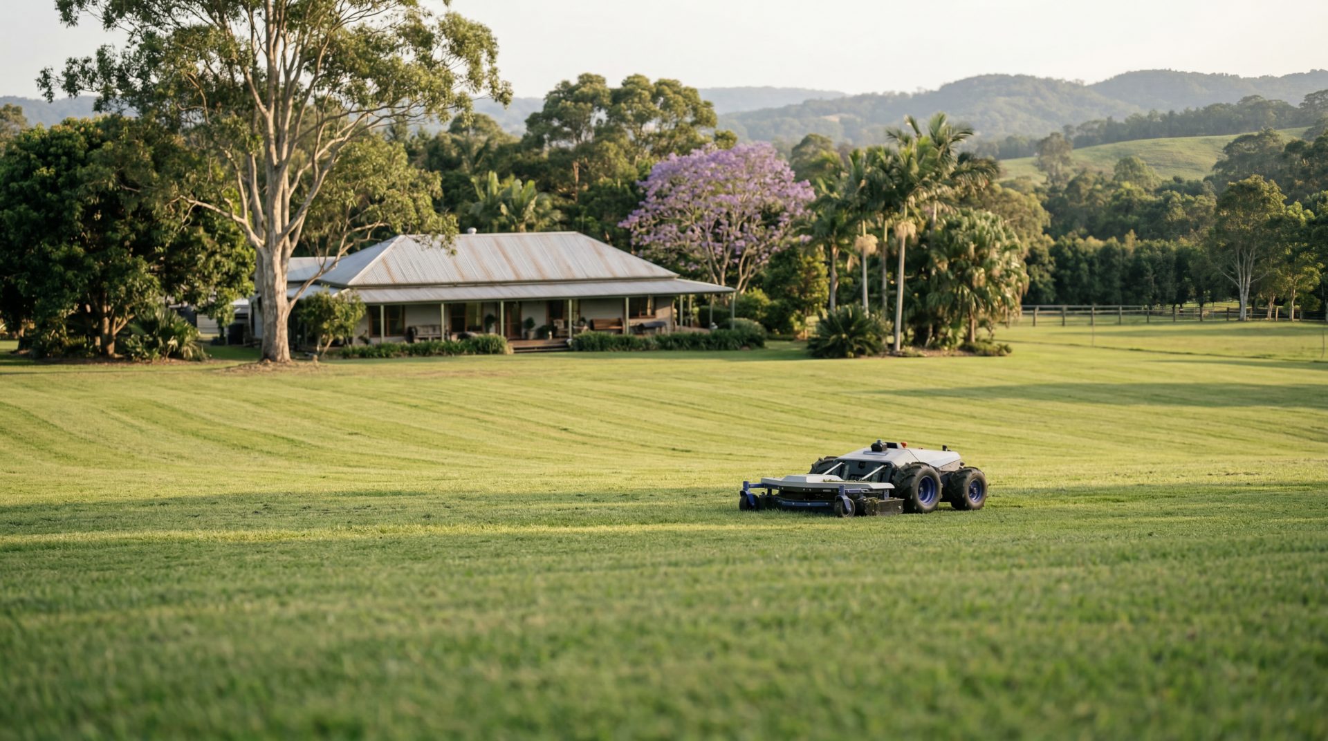 AutoAcre RTK + LiDAR autonomous mower at work on a Northern Rivers acreage at golden hour — striped paddock in the foreground, weatherboard homestead with a flowering jacaranda and gum tree, hinterland ridges behind.